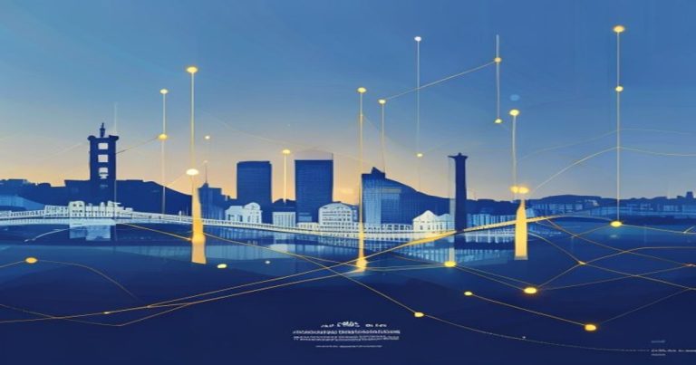 Abstract illustration of Luxembourg investment funds law with skyline in blue and gold tones