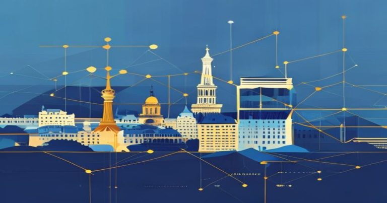 Abstract illustration of corporate law and business structuring in Luxembourg with skyline in blue and gold tones