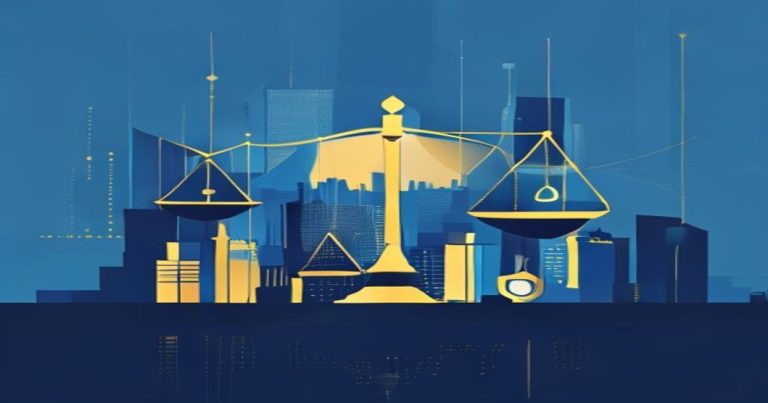 Abstract illustration of GDPR and data protection law in Luxembourg with skyline and legal symbols in blue and gold.