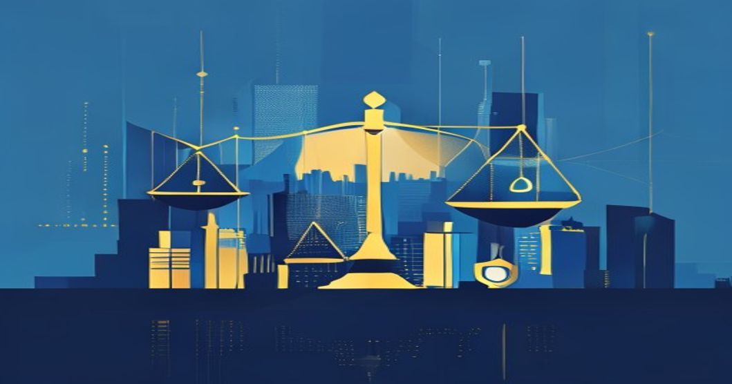 Abstract illustration of GDPR and data protection law in Luxembourg with skyline and legal symbols in blue and gold.