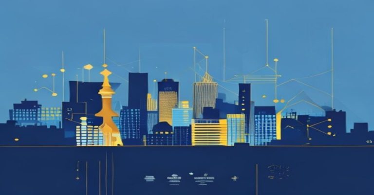 Abstract illustration of Luxembourg company formation with skyline in blue and gold tones