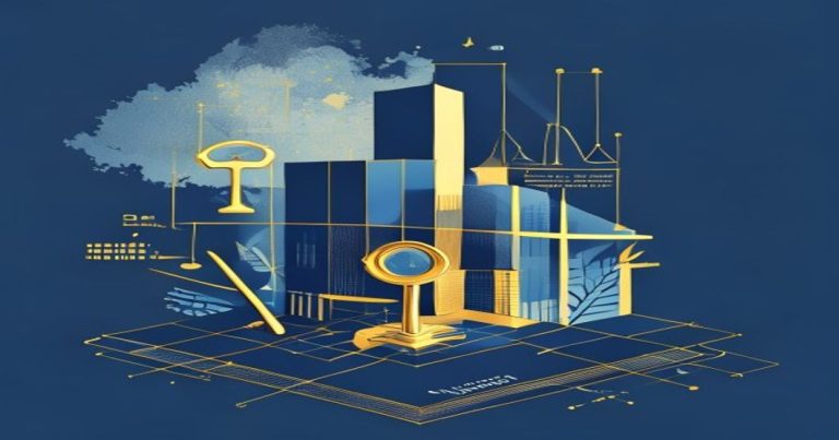 Illustration of Luxembourg company formation process with corporate building, key, and legal symbols in blue and gold.