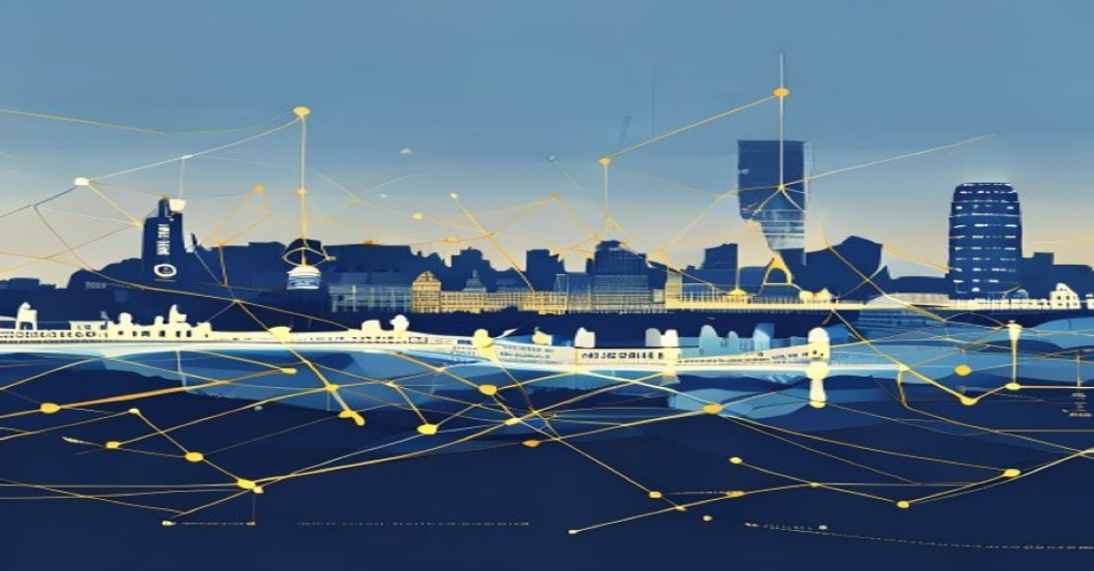 Illustration abstraite du droit des fonds d'investissement au Luxembourg avec skyline et tons bleu et or.