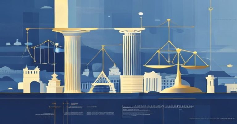 Illustration abstraite du droit des sociétés au Luxembourg avec skyline, symboles juridiques et financiers, tons bleu et or.