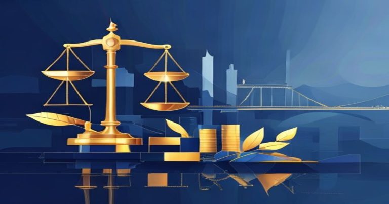 Illustration abstraite du droit des sociétés au Luxembourg avec balance, blocs géométriques et flèches dorées sur fond bleu.