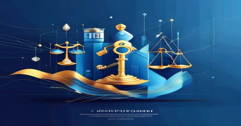 Illustration abstraite de la création d'entreprise au Luxembourg, avec clé dorée, balance, bouclier et formes géométriques bleues.