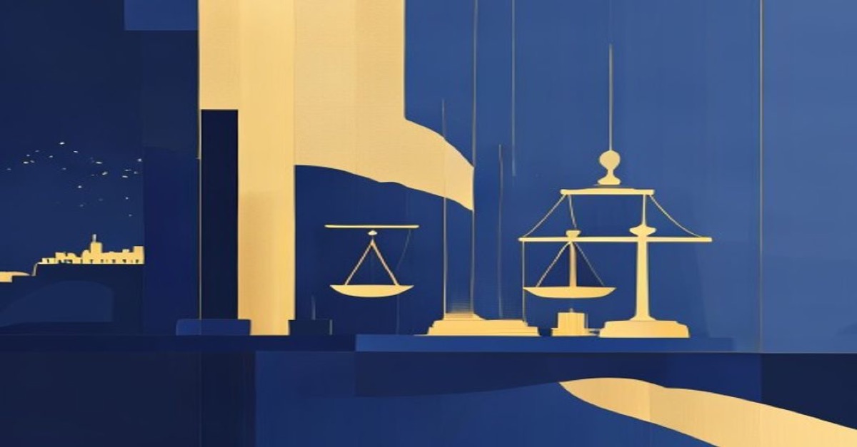 Illustration abstraite et élégante mêlant symboles juridiques et financiers à la skyline du Luxembourg, dans des tons bleu et or.