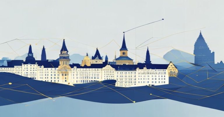 Abstract illustration of corporate restructuring with Luxembourg skyline in blue and gold tones.