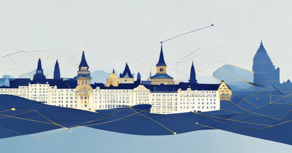Abstract illustration of corporate restructuring with Luxembourg skyline in blue and gold tones.