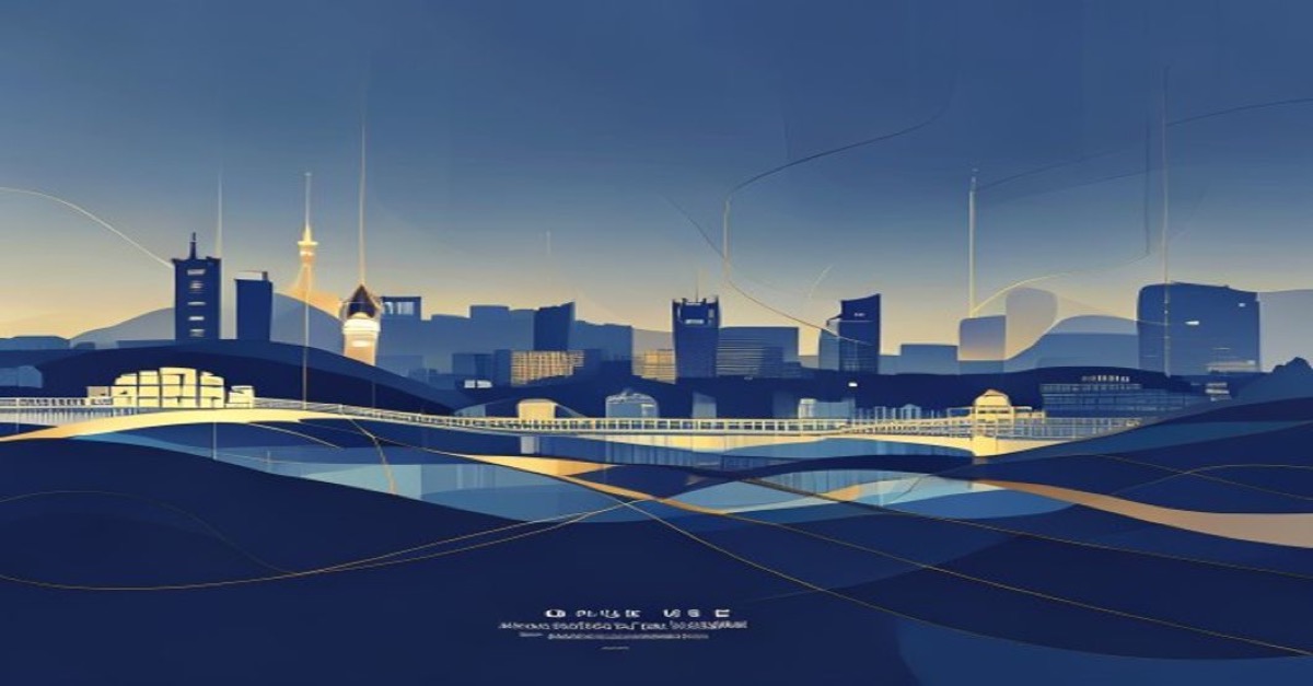 Illustration abstraite du private equity et venture capital au Luxembourg avec skyline, tons bleu et or.