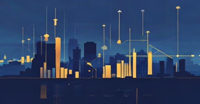 Abstract minimalist illustration of Luxembourg skyline with financial symbols in blue and gold tones, representing private equity and venture capital.