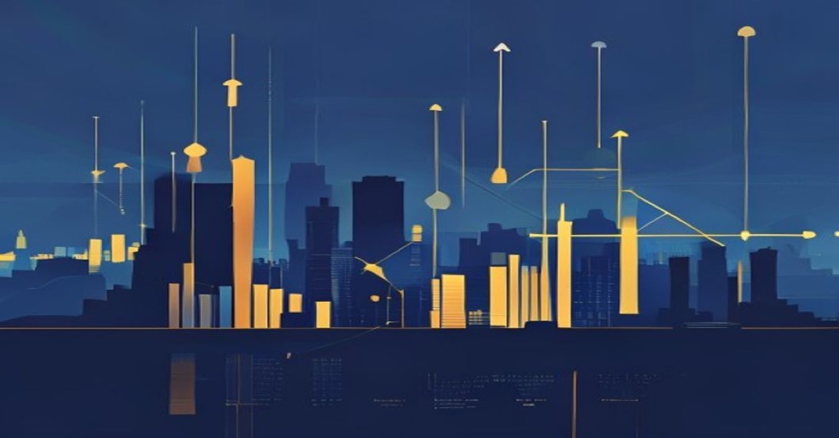 Abstract minimalist illustration of Luxembourg skyline with financial symbols in blue and gold tones, representing private equity and venture capital.