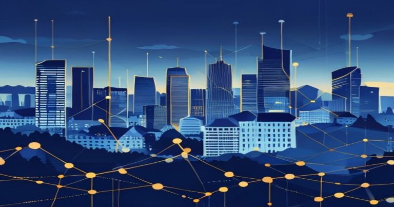 Illustration conceptuelle de l'investissement immobilier au Luxembourg, stabilité et structuration, tons bleu et or.