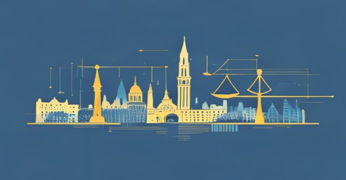 Illustration abstraite du skyline de Luxembourg avec symboles juridiques et financiers, tons bleu et or.