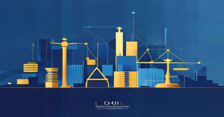 Abstract illustration of Luxembourg skyline with legal and financial symbols in blue and gold tones.