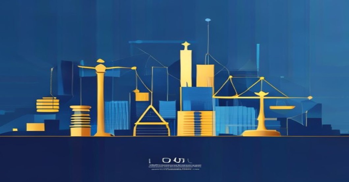 Abstract illustration of Luxembourg skyline with legal and financial symbols in blue and gold tones.
