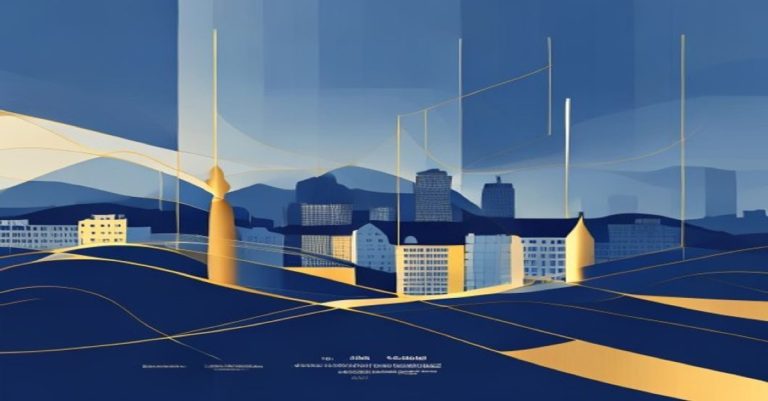 Illustration abstraite d'optimisation fiscale et financière d'une SOPARFI au Luxembourg, avec skyline, tons bleu et or, style corporate épuré.