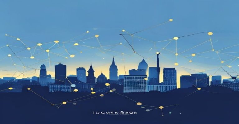 Abstract illustration of SOPARFI holding company concept with Luxembourg skyline in blue and gold tones.