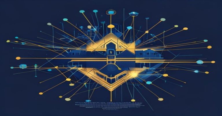 Abstract corporate illustration of a Luxembourg holding company structure with interconnected subsidiaries in blue and gold tones.
