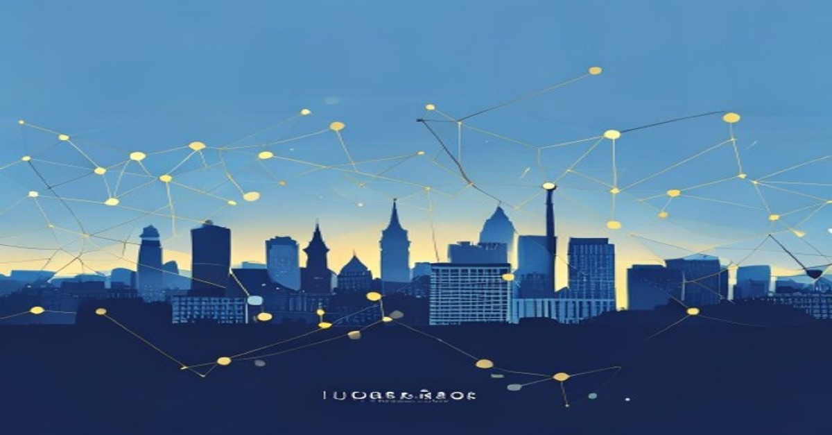 Abstract illustration of SOPARFI holding company concept with Luxembourg skyline in blue and gold tones.