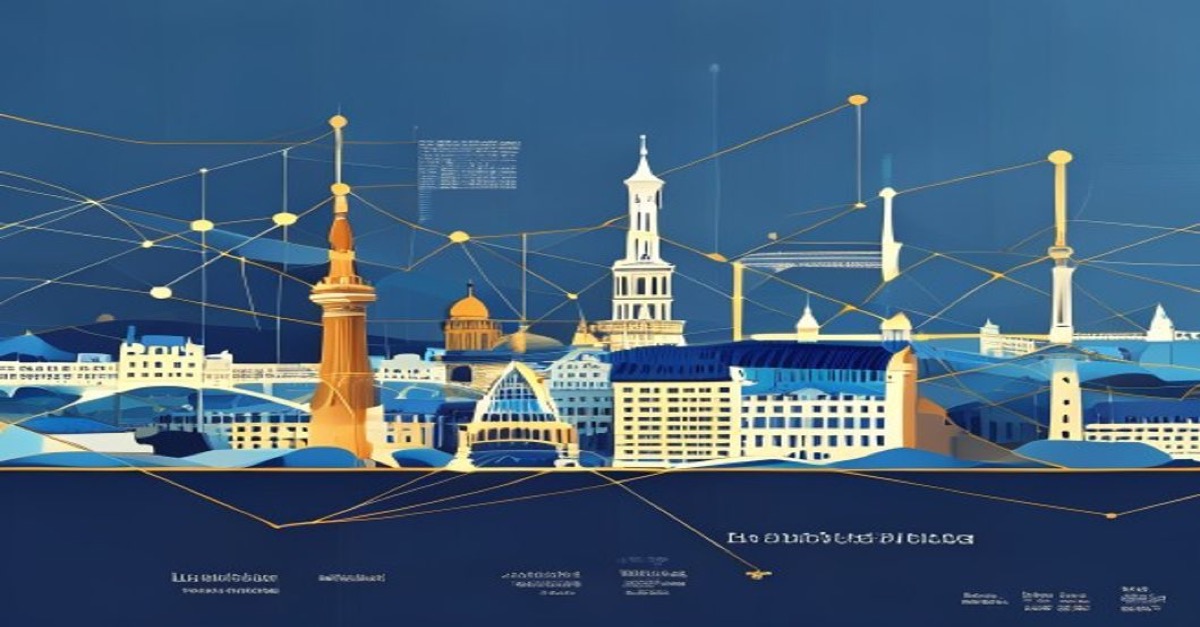 Illustration abstraite d'un fonds d'investissement RAIF au Luxembourg avec skyline en bleu et or, concept juridique et financier.