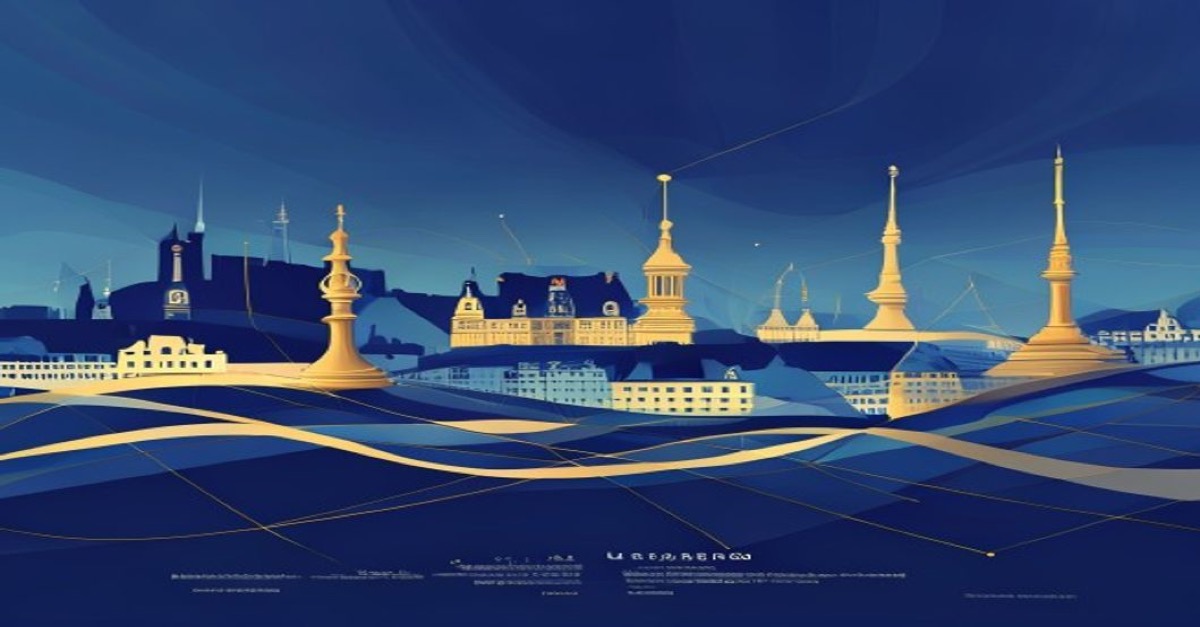 Abstract illustration of RAIF fund concept with Luxembourg skyline in blue and gold tones