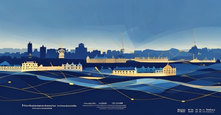 Illustration abstraite de la réglementation AIFM au Luxembourg avec skyline et tons bleu et or
