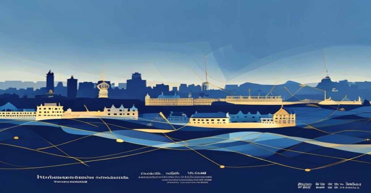 Illustration abstraite de la réglementation AIFM au Luxembourg avec skyline et tons bleu et or