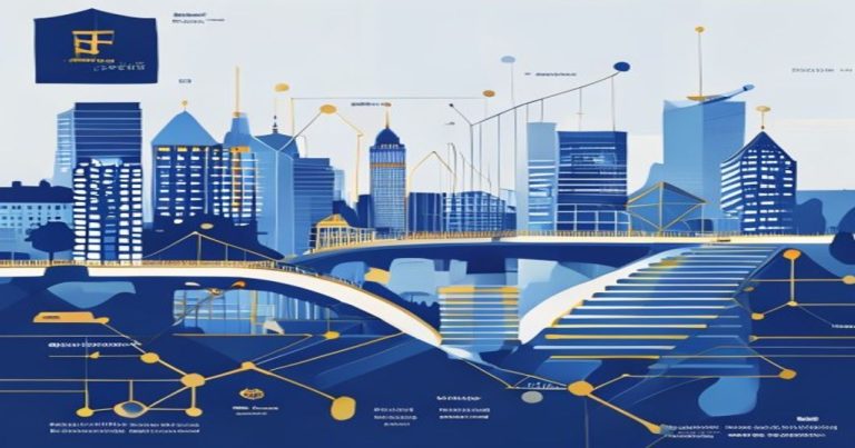 Stylized illustration of Luxembourg financial district with abstract regulatory symbols in blue and gold tones