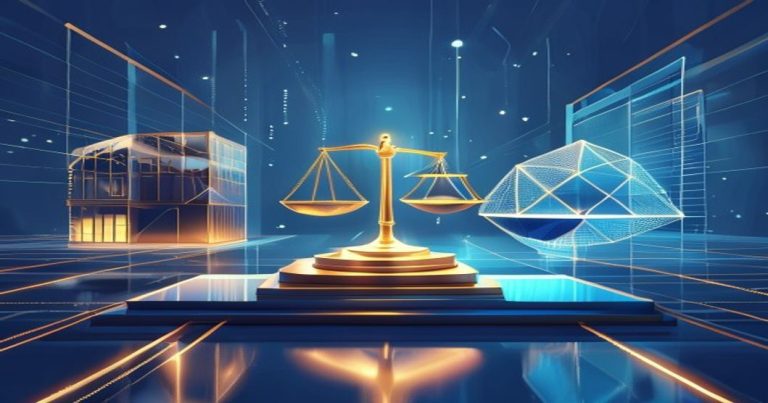 Abstract corporate illustration of a golden balance scale weighing a cube and a lattice sphere, symbolizing the choice between Sarl and SA company structures in Luxembourg, with diverging paths and architectural silhouettes in blue and gold tones.