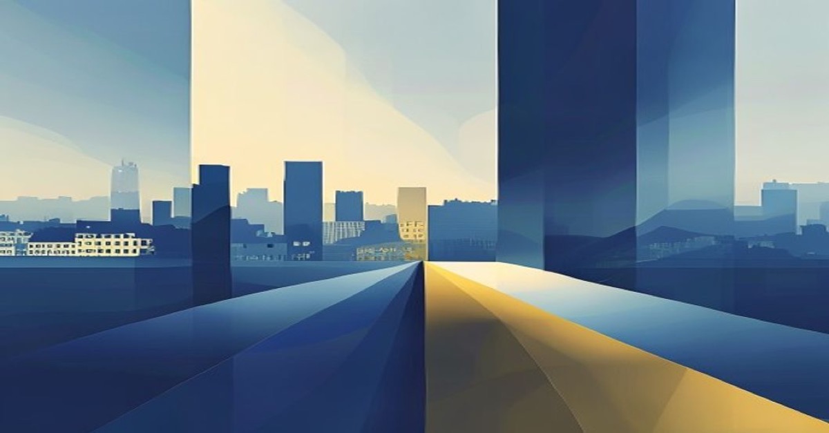 Abstract minimalist illustration of Luxembourg skyline with blue and gold geometric shapes representing Sarl and SA corporate choice