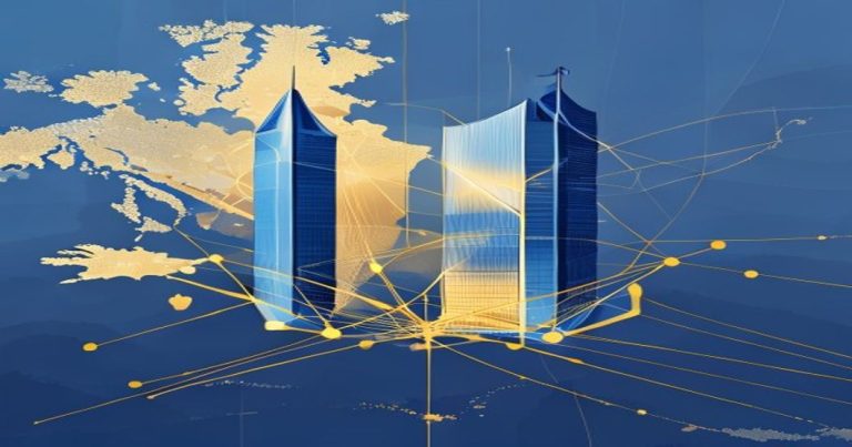 Illustration d'une fusion transfrontalière au Luxembourg avec des structures d'entreprise fusionnant sur une carte de l'Europe, tons bleu et or.