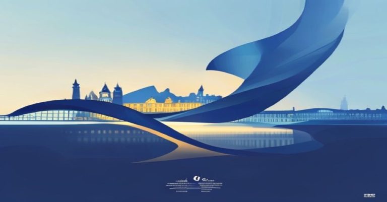 Abstract minimalist illustration of cross-border merger concept with Luxembourg skyline in blue and gold tones