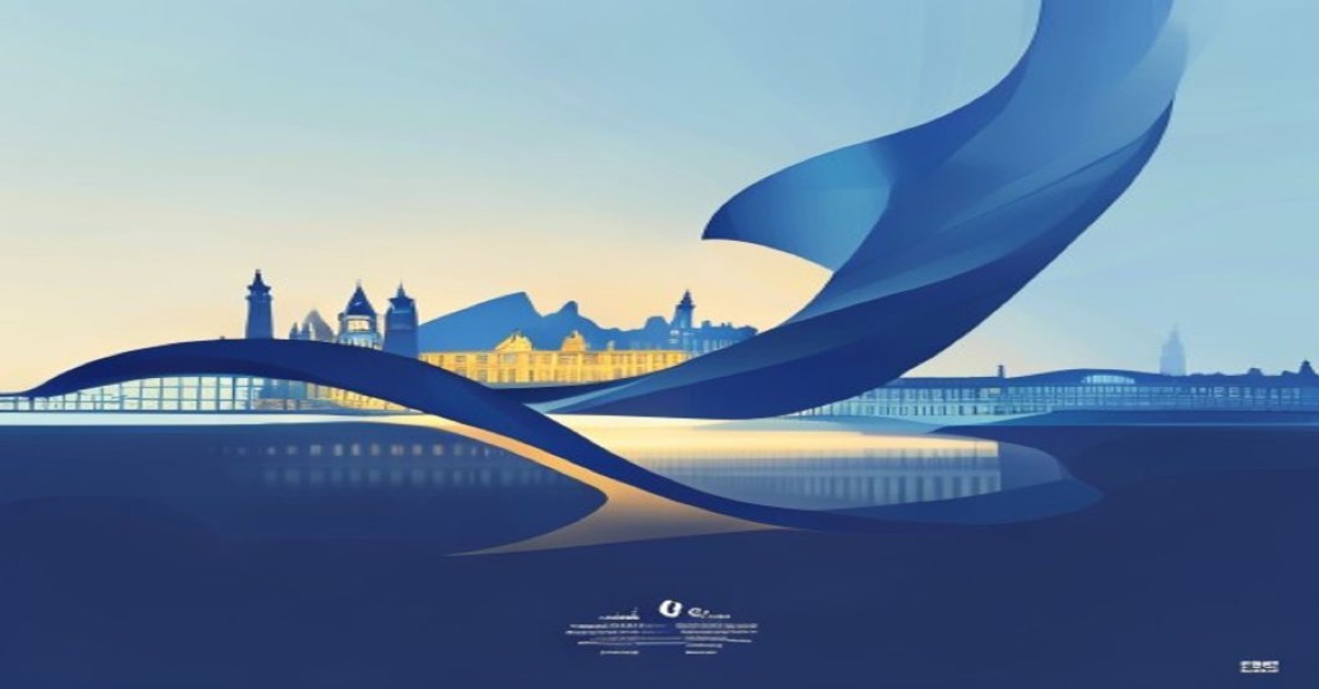 Abstract minimalist illustration of cross-border merger concept with Luxembourg skyline in blue and gold tones