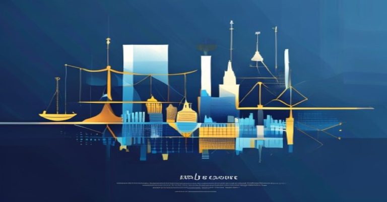 Illustration abstraite d'un concept juridique et financier avec la skyline de Luxembourg en tons bleu et or, style corporate élégant.