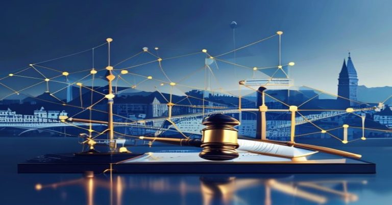 Illustration conceptuelle d'un ruling fiscal pour une holding au Luxembourg, avec structure d'entreprise, ciel de Luxembourg, marteau de juge et bouclier, tons bleu et or.