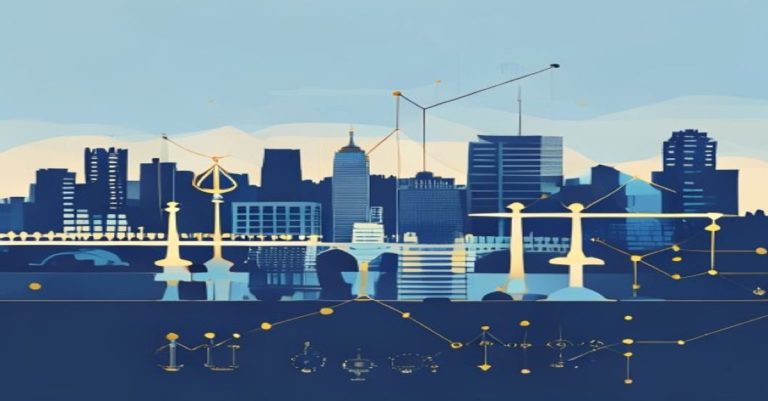 Illustration abstraite d'investissement et de droit au Luxembourg avec skyline, tons bleu et or.