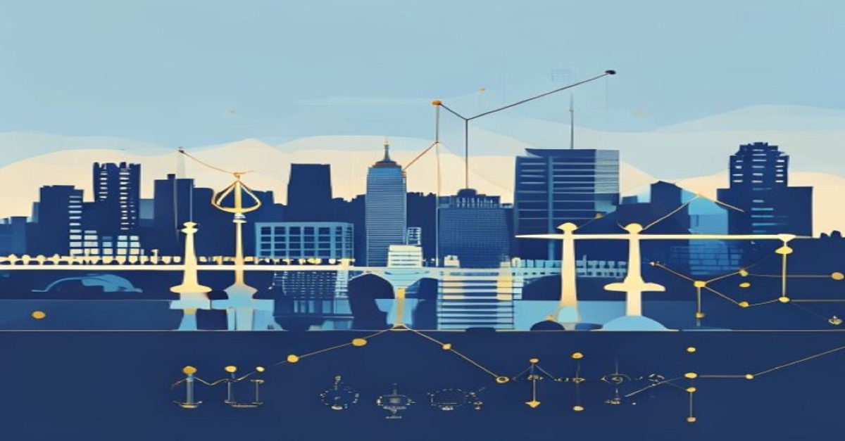 Illustration abstraite d'investissement et de droit au Luxembourg avec skyline, tons bleu et or.