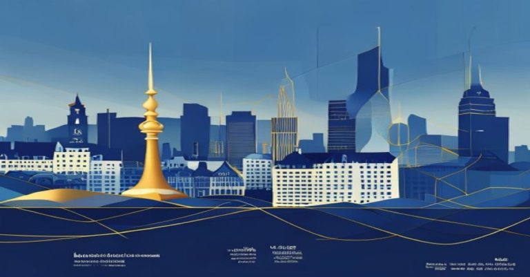 Abstract illustration of Luxembourg SICAR investment concept with skyline in blue and gold