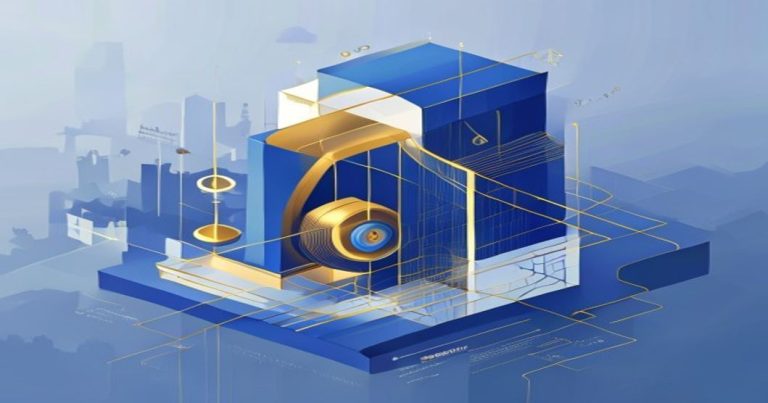 Stylized illustration of a Luxembourg SICAR investment vehicle as an elegant, abstract financial structure with legal symbols, in blue and gold tones, no text.