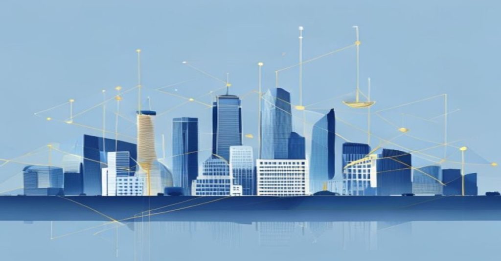 Illustration minimaliste du skyline de Luxembourg avec des symboles abstraits juridiques et financiers, tons bleu et or.