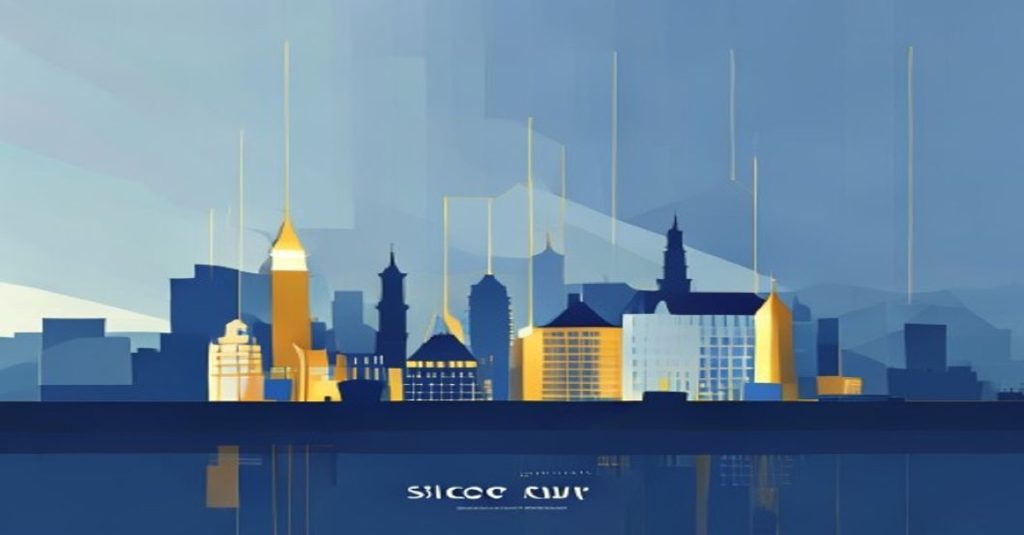 Abstract illustration of SICAV fund creation in Luxembourg with skyline in blue and gold tones