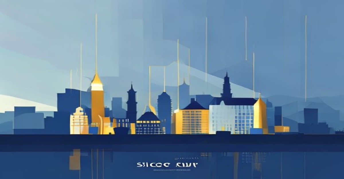 Abstract illustration of SICAV fund creation in Luxembourg with skyline in blue and gold tones
