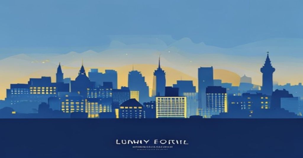 Illustration conceptuelle d'un family office au Luxembourg avec skyline, tons bleu et or.
