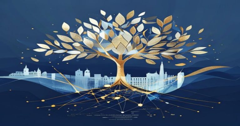 Illustration conceptuelle d'un family office au Luxembourg avec arbre patrimonial doré et structures juridiques bleues