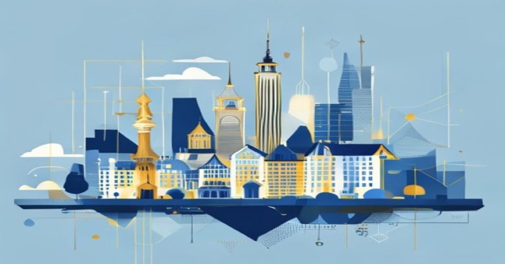 Abstract minimalist illustration of family office concept with Luxembourg skyline in blue and gold tones.