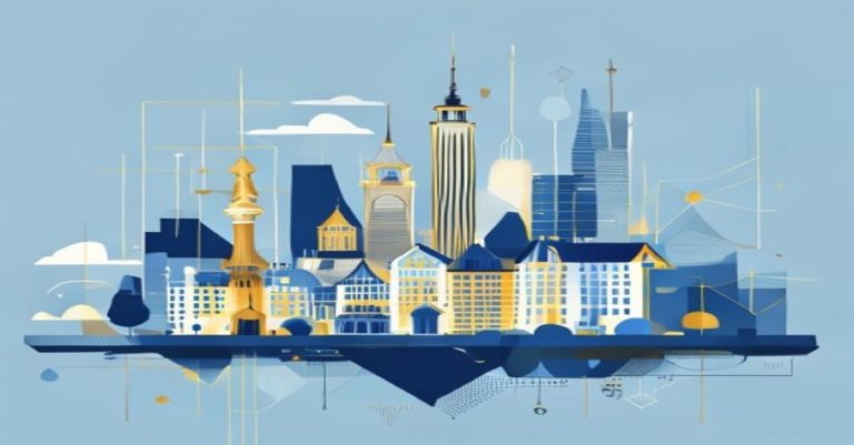 Abstract minimalist illustration of family office concept with Luxembourg skyline in blue and gold tones.