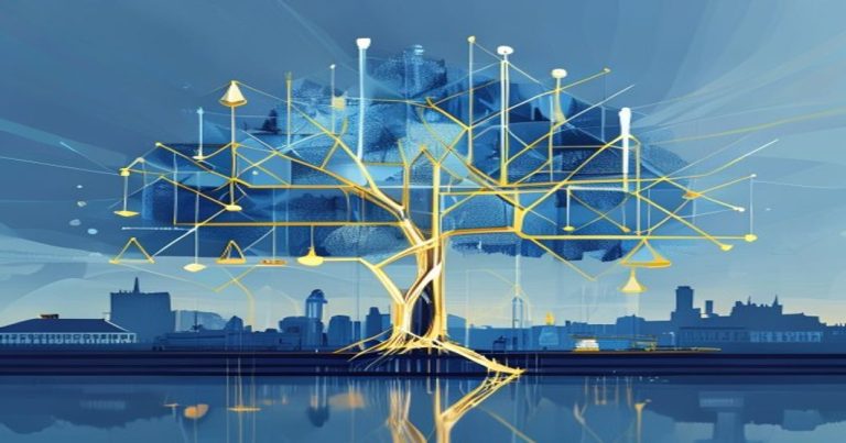 Abstract illustration of a family office in Luxembourg, featuring a glass family tree structure, legal and financial symbols, and the Luxembourg skyline in blue and gold tones.