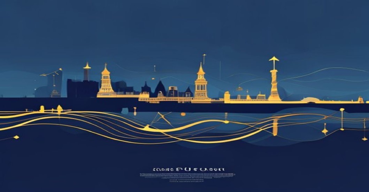 Illustration abstraite du transfert de siège social au Luxembourg avec skyline de la ville en bleu et or.