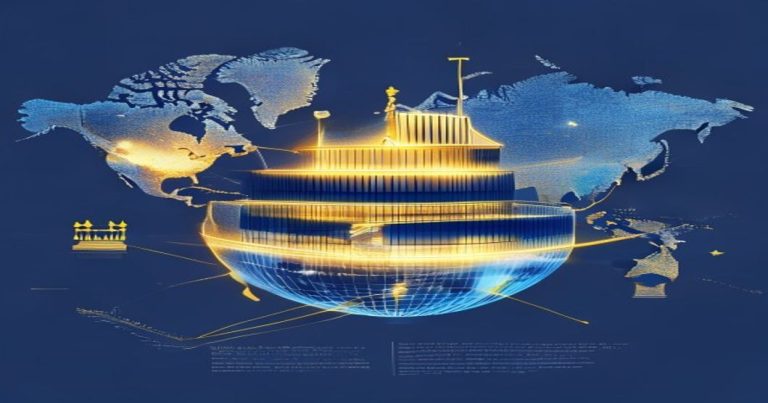 Stylized illustration of a corporate building being transferred across a map to Luxembourg, representing company redomiciliation and legal continuity.